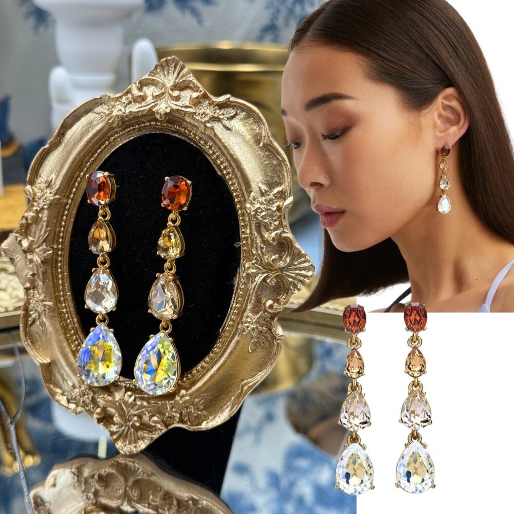 🆕 OSCAR DE LA RENTA 🧿 NWOT Crystal Gallery Pear Drop Earrings, Brown Crystal